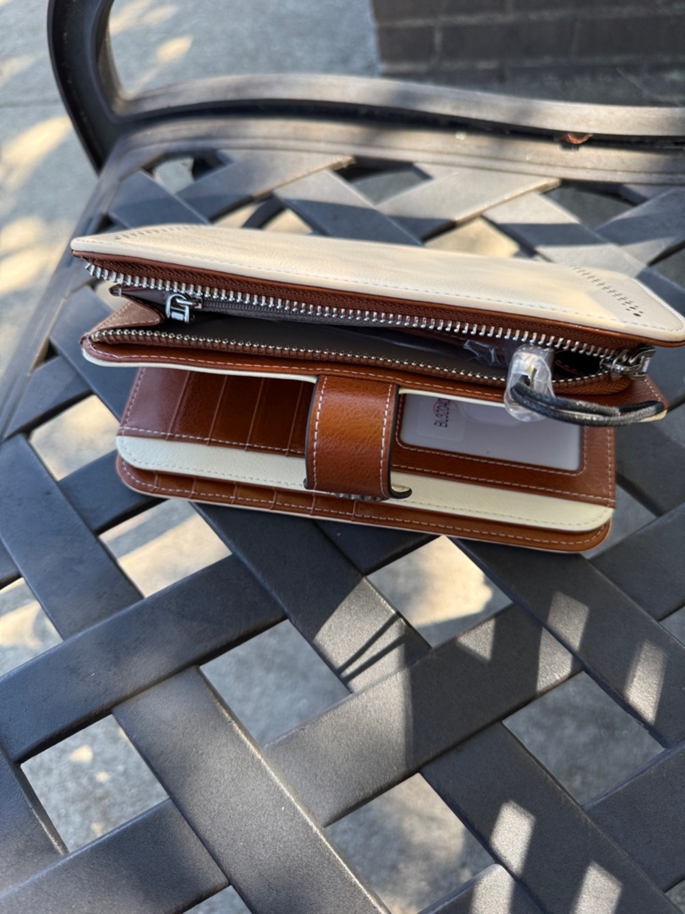 Cream and Brown Women's Clutch Wallet with Floral Snap Accent - Picture 6 of 6